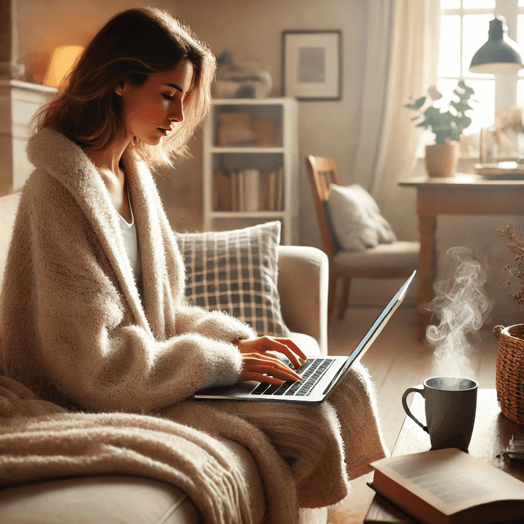 A woman is sitting at home on a couch working on a computer