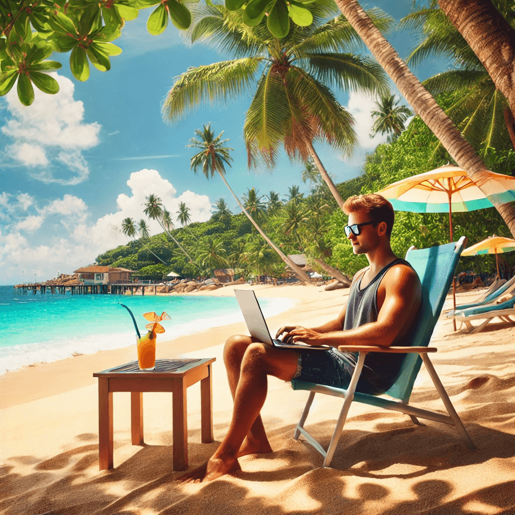 A man is sitting on a tropical beach working on a computer